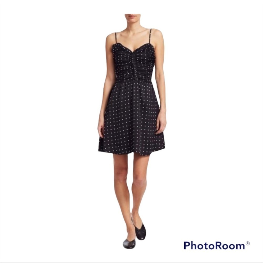 MAJE Black White Polka Dot Ruched Mini Dress Crepe Size Large - Picture 5 of 14